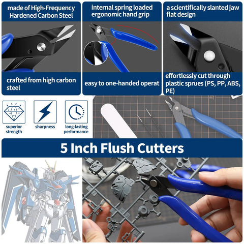 Close-up of 5 inch flush cutters from 25Pc Hobby Modeling Kit Tools Set for Gundam Newbies and Pros, cutting model plastic sprue.