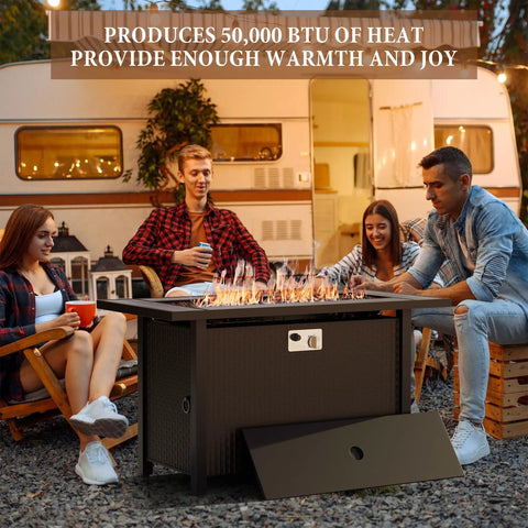 45 Inch Propane Fire Pit Table With 50,000 BTU Output And Lid, Dual Use Outdoor Gas Firepit With people gathered around