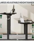 FLEXISPOT Electric Standing Desk With 40x24 Seamless One-Piece Black Desktop demonstrating adjustable height range from 29 to 46.6 inches.
