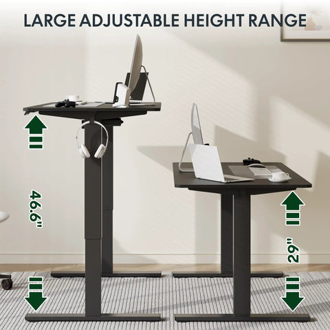 FLEXISPOT Electric Standing Desk With 40x24 Seamless One-Piece Black Desktop demonstrating adjustable height range from 29 to 46.6 inches.