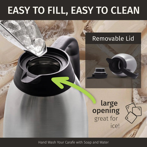 Thermal Coffee Carafe 68 Ounce 2 Liter Insulated Stainless Steel Beverage Dispenser with large opening and removable lid