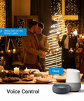 People controlling decorative lights with "WiFi Smart Yard Stake Plug With Six Outlets, Waterproof Power Timer, 6Ft Cord, Voice Control, Remote App, Alexa And Google Assistant Compatible, Perfect For Outdoor Lights And Decorations, And Garden Vibes" using voice commands.