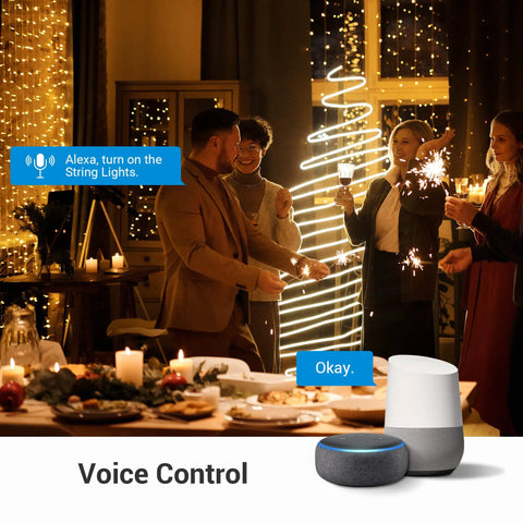 People controlling decorative lights with "WiFi Smart Yard Stake Plug With Six Outlets, Waterproof Power Timer, 6Ft Cord, Voice Control, Remote App, Alexa And Google Assistant Compatible, Perfect For Outdoor Lights And Decorations, And Garden Vibes" using voice commands.