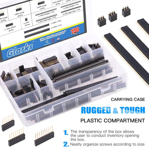 DIY Ready 190 Pcs 2.54mm Pin Header Kit With Long And Short Needle Headers For Arduino Prototyping Shield Boards displayed in case
