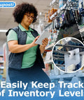 Clear Pegboard Clips For 1/4 Peg Hooks And Slatwall in a retail setting, showing a woman using a tablet for inventory management.