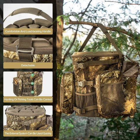 Hunting Bucket Backpack with Built-In Cushioned Seat for 5-Gallon Buckets, detailed view hanging in a tree, camouflage material, multiple pockets.