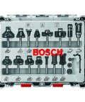 Bosch 15-piece carbide-tipped wood router bit set in clear plastic case, front view.