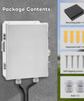 Package contents of Heavy Duty Outdoor Electrical Box With Waterproof ABS Enclosure Ventilated Weatherproof Housing And Mounting Plate Ideal For EV Chargers Routers CCTV And Outdoor Power Equipment UV Resistant Durable Outdoor Rated Box 13 By 9.2 By 5.6 Inches
