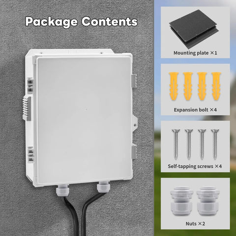 Package contents of Heavy Duty Outdoor Electrical Box With Waterproof ABS Enclosure Ventilated Weatherproof Housing And Mounting Plate Ideal For EV Chargers Routers CCTV And Outdoor Power Equipment UV Resistant Durable Outdoor Rated Box 13 By 9.2 By 5.6 Inches