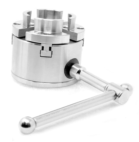 2.75 Inch 4 Jaw Self Centering Keyed Lathe Chuck Set For Wood Lathe With 1 Inch 8 TPI Thread showing jaws and handle