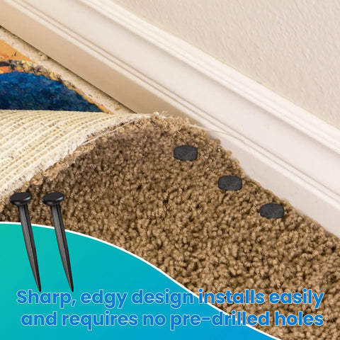 Image showing Real Deal One Pound Carton Of Black Upholstery Tacks For Furniture And Stairs tough cut nails securing a carpet edge.