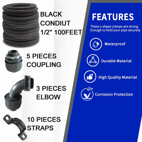 Half Inch Diameter Flexible Liquid Tight PVC Electrical Conduit Kit All In One With 100 Feet Of Black Conduit Includes Five Couplings