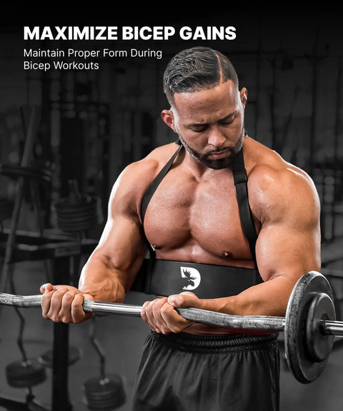 Man using Arm Blaster For Biceps And Triceps, Deep Isolation Built For Serious Bodybuilding Gains, locks arms during curl exercise.