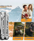 All In One 16 In 1 Multitool Pliers With Spring Loaded Pliers Head Plus Knife in front of mountain landscape, camping theme