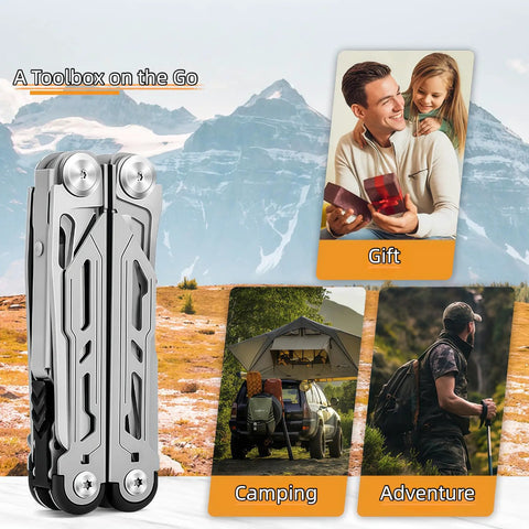 All In One 16 In 1 Multitool Pliers With Spring Loaded Pliers Head Plus Knife in front of mountain landscape, camping theme