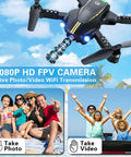 1080P HD FPV Foldable Drone for Adults & Beginners showing camera features with beach family photo and video snapshots.