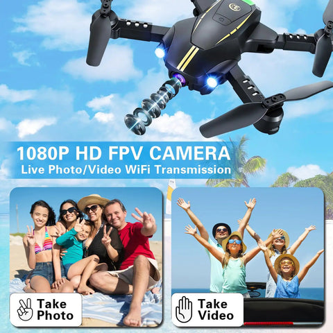 1080P HD FPV Foldable Drone for Adults & Beginners showing camera features with beach family photo and video snapshots.