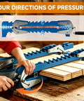 Upgraded 19 Inch Panel Clamps Set Of 2 With 4 Way Steel Parallel Clamps Heads And Tailstocks For Precise Woodworking, Heavy Duty Rails, Easy Handles, Durable 2mm Track, Ideal For DIY Projects And Shop Assembly. two blue panel clamps securing wood boards