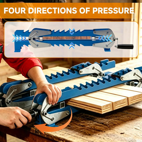 Upgraded 19 Inch Panel Clamps Set Of 2 With 4 Way Steel Parallel Clamps Heads And Tailstocks For Precise Woodworking, Heavy Duty Rails, Easy Handles, Durable 2mm Track, Ideal For DIY Projects And Shop Assembly. two blue panel clamps securing wood boards