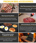 Collage of BBQ accessories including meat thermometer, injector, grill mats, and basting brushes from 34Pcs Grill Accessories Set.