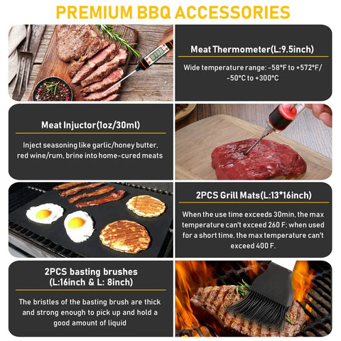 Collage of BBQ accessories including meat thermometer, injector, grill mats, and basting brushes from 34Pcs Grill Accessories Set.