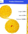 Go-To Yellow Plastic Chain 25 Ft 1.42 Inch Link High Visibility Barrier dimensions shown with red hook and S-hooks included.