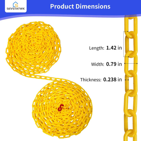 Go-To Yellow Plastic Chain 25 Ft 1.42 Inch Link High Visibility Barrier dimensions shown with red hook and S-hooks included.