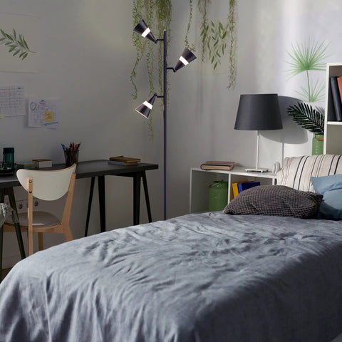 Ash 3 Light LED Tree Floor Lamp With Dimmable Three Head LED Multidirectional Standing Lamp in bedroom setting, brushed nickel finish