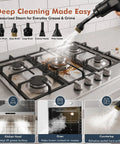 Heyvtoryin 2500W Steam Cleaner For Home With 1.6L Tank And Quick Heat Up To 3 Seconds featuring various attachments cleaning a gas stovetop.