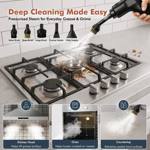 Heyvtoryin 2500W Steam Cleaner For Home With 1.6L Tank And Quick Heat Up To 3 Seconds featuring various attachments cleaning a gas stovetop.