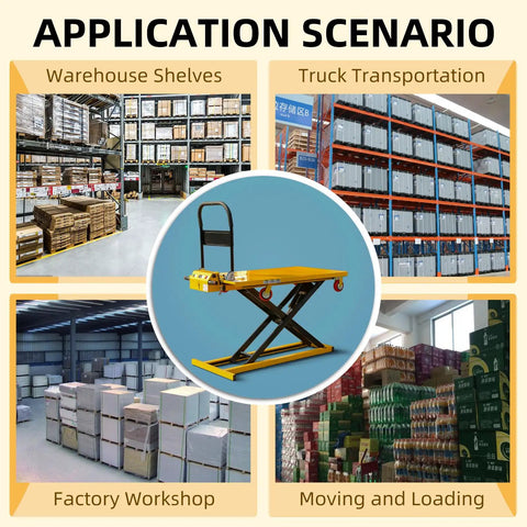 Heavy Duty Electric Scissor Lift Table Cart 47 Inch Height With 660 Lbs Capacity Portable Flatbed Hand Truck in warehouse application