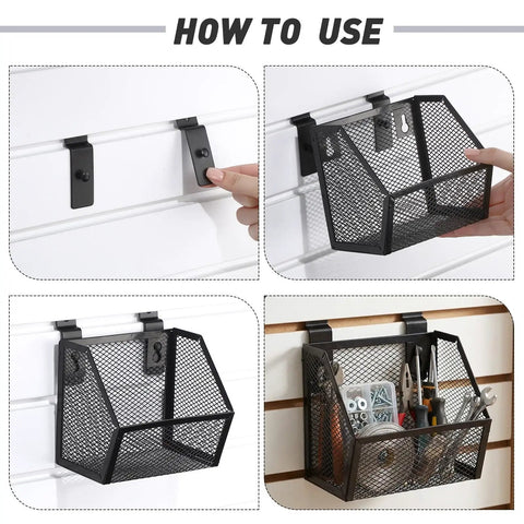 Installation steps for Six Piece Slatwall Bin Set With Metal Hooks, Mesh Slatwall Mounted Storage Organizer for tools.