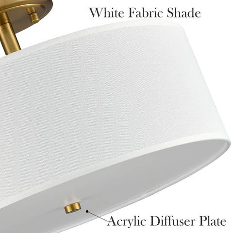 White fabric drum shade and acrylic diffuser on dimmable gold semi flush mount ceiling light, brass finish.