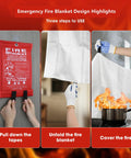 Emergency Fire Blanket For Home And Kitchen, 1 Pack 40 By 40 Inches Fiberglass Fire Barrier showing usage steps