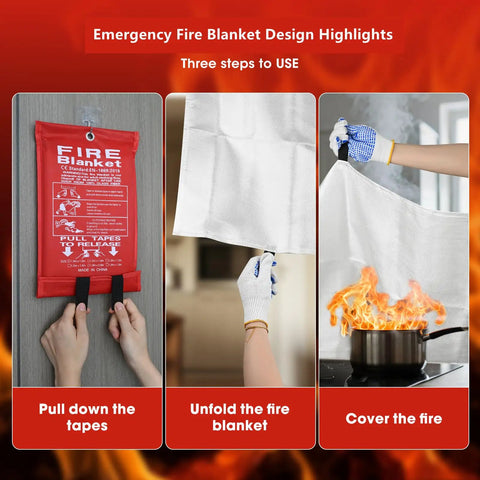 Emergency Fire Blanket For Home And Kitchen, 1 Pack 40 By 40 Inches Fiberglass Fire Barrier showing usage steps