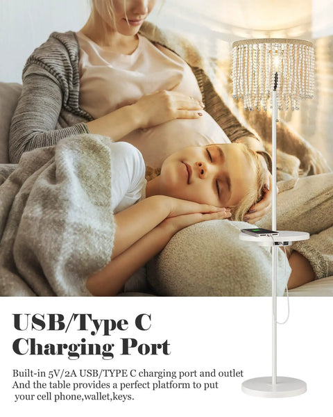 Cozy Boho Birch Wood Beaded Floor Lamp With USB Type C Port And Outlet near relaxed family, 58 Inch Tall, Farmhouse Vibe Decor