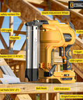 Built Damn Tough 18 Gauge Cordless Brad Nailer Runs Smooth With Dewalt 20V Batteries showing depth adjustment wheel, LED light, and magazine.