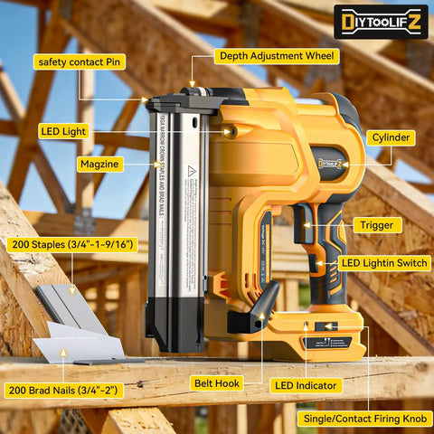 Built Damn Tough 18 Gauge Cordless Brad Nailer Runs Smooth With Dewalt 20V Batteries showing depth adjustment wheel, LED light, and magazine.