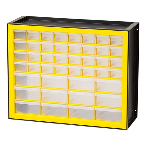 Totally Rad Plastic Hardware Organizer With Forty Four Drawers Badass Tool Storage For Screws Nuts Bolts And Crafts Yellow wall-mounted with see-through drawers.