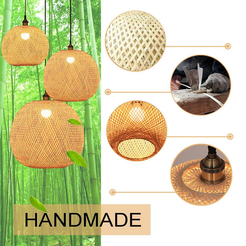 Bamboo Lantern Pendant Light, Retro Japanese Style E27 Chandelier Hanging Ceiling Fixture for cozy living spaces, handmade details