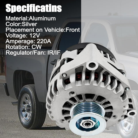 Front view of High Output 220 Amp 48237 Alternator Replacement For Cadillac Escalade ESV EXT Chevy Silverado Tahoe in silver.