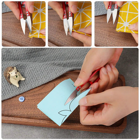 Using small scissors from Complete 10 Piece Handy Sewing Seam Ripper Set With 4 Small Unpickers, 4 Large Unpickers, 1 Double Edged Thread Cutter And 1 Scissor For Quick Thread Removal, Crafting Projects And Everyday Sewing Repairs.