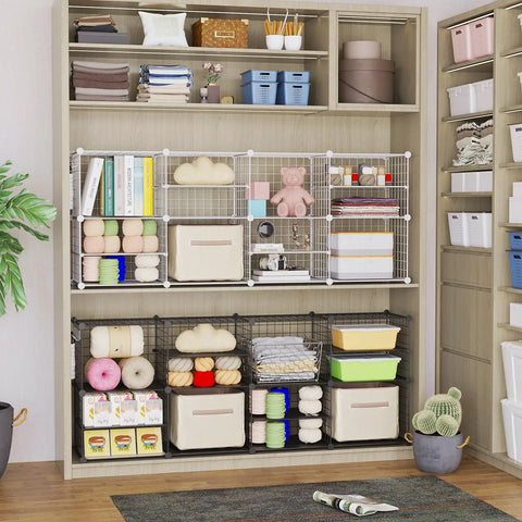 Interlocking Wire Cube Storage Unit And Divider System For A Versatile Modular Cabinet with white panels and small hooks.