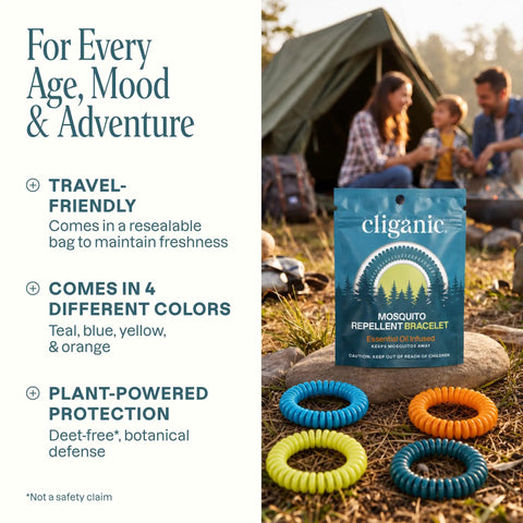 10 Pack Mosquito Repellent Bracelets For Adults And Kids DEET Free Natural Essential Oil Bands displayed with camping backdrop