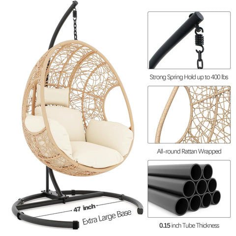 Oversized Hanging Egg Chair With Stand For Indoor And Outdoor Use Wicker Swing Chair With 400Lb Capacity Perfect For Bedroom Patio Garden Or Balcony Beige Nest Extra Wide Comfort For One Person.