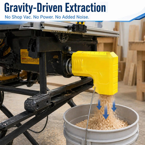 Universal Table Saw Dust Collector Adapter With 2.5 Inch Hose Gravity Powered Dust Collection System in use on table saw