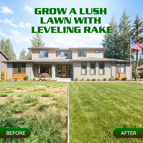 Before and after image showing lawn improvement using 32x10 Lawn Leveling Rake With Serrated Edge And Smooth Plate.