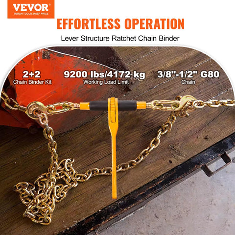 Heavy Duty Chain And Binder Kit For Truck Tie Downs And Hauling, showcasing 9200 lbs load binder and G80 chains in use.