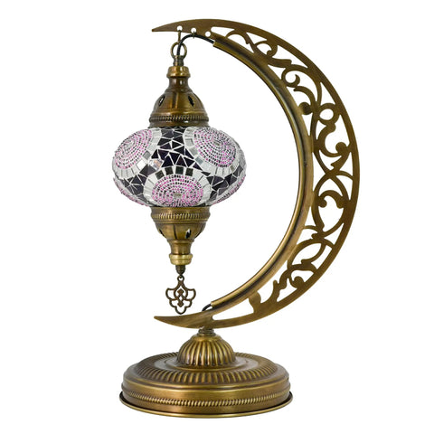 Turkish Mosaic Moon Shape Table Lamp Handmade Crescent Glass Mosaic Night Light With Antique Bronze Base Boho Bedside Decor Cozy Rustic Living Room Desk Lamp Lavender Accent