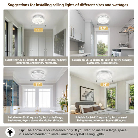 Installation suggestions for Crystal Ceiling Light Fixture LED Dimmable 11 Inch Flush Mount with 3 Color Temperatures.